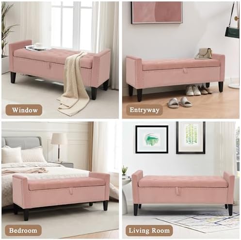Velvet Ottoman with Storage, 46'' Upholstered Button Tufted End of Bed Bench with Arms, Modern Storage Bench for Living Room, Bedroom, Entryway, Pink