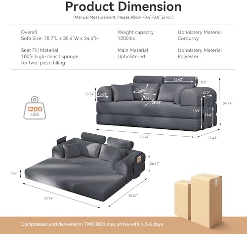 79"Round Arm Sofa with High Backrest Pillow for Living Room (Dark Gray) | Corduroy Loveseat Sleeper Sofa Bed, Modular Futon Couch with 2 High Backrest, Pull Out Couch No Assembly