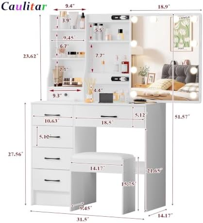 Vanity Desk with Mirror and Lights, 6 Drawers 6 Shelves 1 Stool & Sildeable Mirror Makeup Vanity, 3 Modes Light Adjustable, White, 51" H