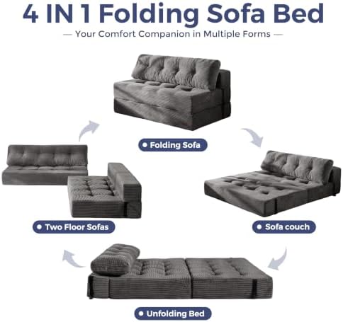 MAXYOYO Folding Sofa Bed, Convertible Chair Bed with Pillow | Portable 4 in 1 Fold Out Chair to Floor Bed, Versatile Floor Sofa Couch for Living Room Bedroom, Dark Grey, Double
