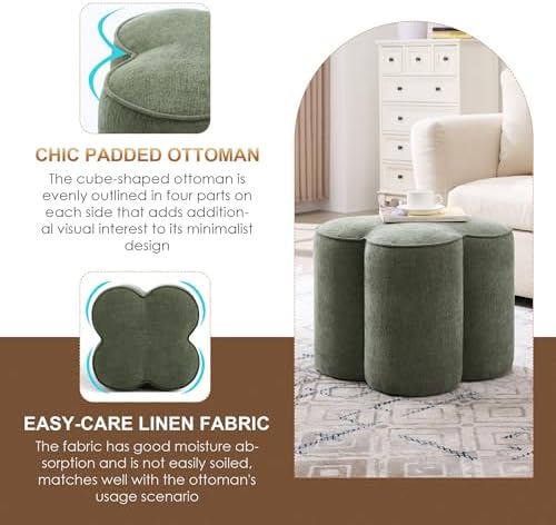 Zesthouse Flower Pouf Ottomans Foot Rest Set of 2, Linen Poofy Ottomans | Large Ottoman Footstool for Couch, Modern Living Room Stool Seat, Cute Square Vanity Stool for Bedroom, Green Dorm Foot Stool