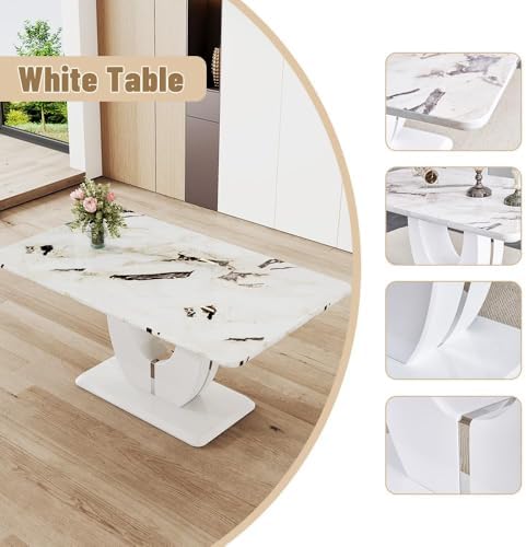 JUFU Dining Table Set for 6 with Chairs PU Upholstered, 63'' White Faux Marble Dining Room Table and Chairs, Modern Dining Room Table and Chairs Set of 6, Rectangle Dinner Table Set for Dining Room