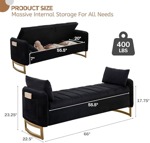 66" End of Bed Storage Bench King Size, Storage Benches for Bedroom, Black | Velvet Upholstered Foot of Bed Bench, Storage Ottoman Benches with Golden Legs, Pillows and Side Pockets for Window, Entryway