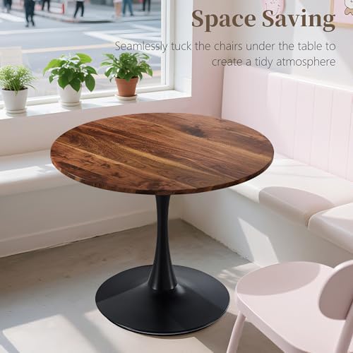 31.5 Inch Round Dining Table,Mid-Century Tulip Table with Metal Pedestal Base,Modern Leisure Table for Small Space Kitchen Dining Room,Easy Assembly,Walnut and Black
