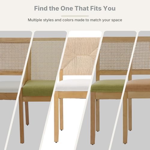 Boho Mid Century Modern Dining Chairs Set of 4, Rattan Dinning Chair with a Square Back, Warm Beige Cane Dining Chair, Linen Upholstered Kitchen and Dining Room Chairs, Sillas para Comedor