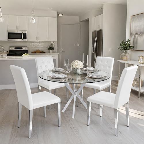 White Dining Chairs Set of 4,Faux Leather with Chrome Plate Metal Legs,Armless Kitchen Room Chairs Set of 4,Max Load 300 Lbs,High Back Modern Design for Home Kitchen Living Room Bedroom