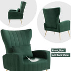 Modern Accent Chairs Set of 2, Wingback Chair with Arm & Gold Legs, Living Room Bedroom Side Chair with Lumbar Pillow, Velvet Upholstered, Channel Tufted, Green