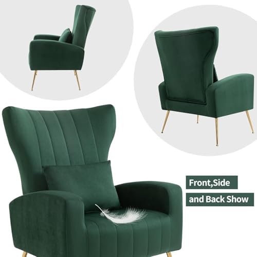 Modern Accent Chairs Set of 2, Wingback Chair with Arm & Gold Legs, Living Room Bedroom Side Chair with Lumbar Pillow, Velvet Upholstered, Channel Tufted, Green