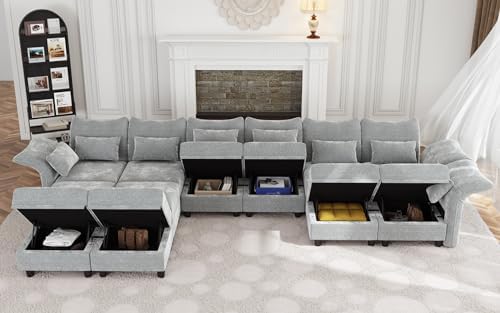 LLappuil 179" Oversized Modular Sectional Sofa with Storage Seat 12 Piece Large Sectional Couches for Living Room with Adjustable Arms Backs, Convert to U/L/Sleeper Sofa, Grey Chenille