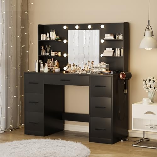 Furmax Vanity Desk with LED Mirror,Power Outlet,7 Drawers Makeup Table | LED Lighted Mirror & Built-in Outlet,7 Drawers and 6 Shelves,Organized Makeup Storage for Bedroom,Black