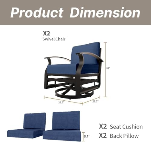 Gotland 2 Piece Patio Set, Metal Outdoor Swivel Chairs Set of 2 with 5.1’’ High-Resilience Seat Cushions 6.2’’ Thick Back Pillow 29.5’’ Deep Seat Removable Cushions for Backyard, Lawn, Porch, Navy