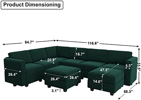 Belffin Modular Sectional Sofa with Storage Seat Oversized U Shaped Couch with Reversible Chaise Velvet Sofa Set with Ottoman Green