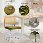 Rattan Dining Chairs Set of 4,Upholstered Mid-Century Modern Dining Room Chairs with Cane Backrest,Retro Velvet Kitchen Chairs with Stainless Chrome Base,Green