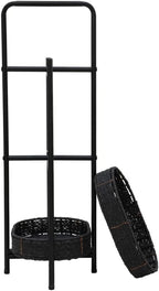 Small Handwoven Side Table 3-Tier Oval Storage Organizer, Wicker Shelf for Kitchen, Living Room, Bedroom, Balcony, Picnic, Portable Woven Rack (Black)