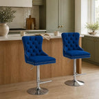 Blue Modern Swivel Bar Stools Set of 2, Velvet Counter Height Bar Stools for Kitchen Island, Adjustable Bar Chairs Barstools, Tufted Back, Silver Base, Sillas para Barra de Cocina (Blue, 2 Pcs)