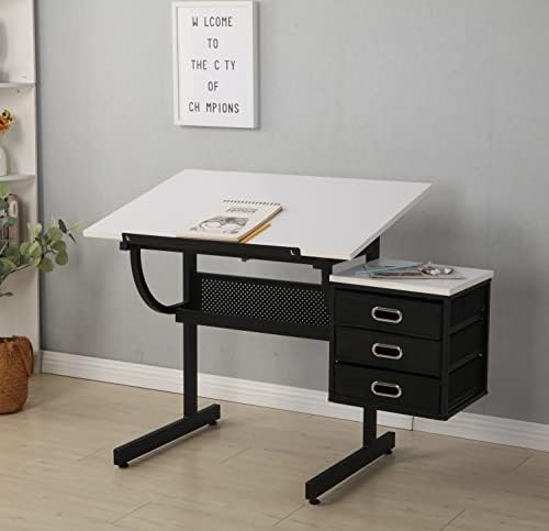 White Adjustable Drafting Table with Stool & 3 Drawers, Tilting Art Desk for Drawing & Crafting, Multi-Functional Study & Office Desk