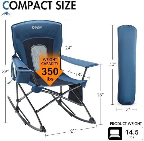 Portal Folding Outdoor Rocking Camping Chair, 350LBS Portable Rocker | 10s Fold, Compact Carry Bag, 24" Padded Back, Cup Holder, Side Pocket, 600D Polyester
