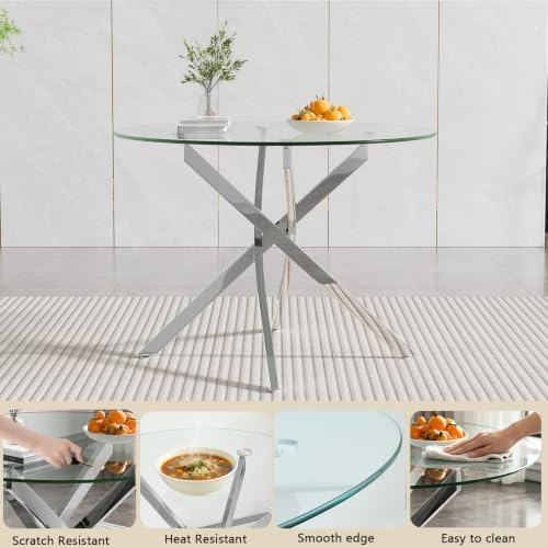 HomVent Silver Round Glass Dining Table Set for 2 with 2 Grey Velvet Chair | 47''Glass Kitchen Table Set Round Table Set of 2, Dining Room Table Set with Glass Top for Dining Room Home Family Gathering