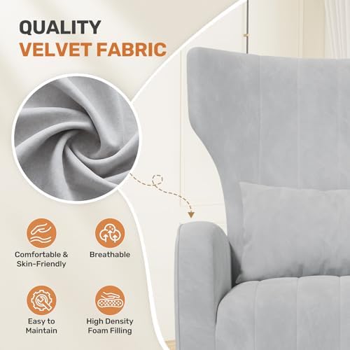 Nalupatio Velvet Accent Chairs Set of 2 Modern High Back Armchair Arm Chair with Lumbar Pillow, High Back Upholstered Single Sofa Chair with Gold Metal Legs for Bedroom,Light Gray