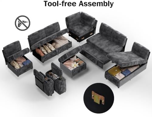 Vipbear 130" Modular Sectional Sleeper Sofa with Pull Out Bed, 9 Seat Corduroy L Shaped Couch with Ottoman and Chaise|USB Ports|Cup Holders|Side Table, Tool Free Assembly, Grey
