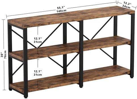 IRONCK Console Table, 3-Tier 55 in Entryway Table, Vintage Brown | Engineered wood shelves, 300 lb shelf. P2 MDF, X-bracing, adjustable feet. Anti-tip kit for entryways or living rooms.