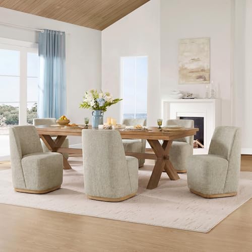 CHITA Upholstered Rolling Dining Chair on Casters Set of 4, Oatmeal | FSC Certified Modern Fabric Dining Chair with Casters, Boucle Dining Chairs for Reading Room Kitchen Dining Room