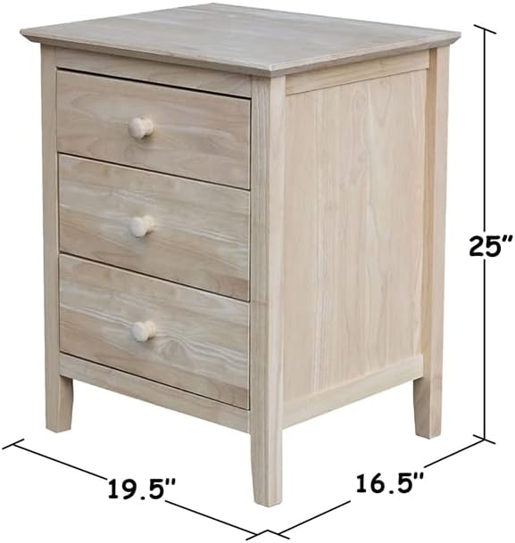 25"H Solid Wood Bedroom Nightstand with 3 Drawers, Parawood Construction, Paint or Stain in Any Color, Durable and Eco-Friendly, Unfinished