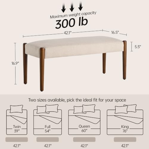 Usaint 42" End of Bed Bench with Wood Legs, Beige with Walnut Leg | Modern Upholstered Bedroom Bench with Rubberwood Legs, Entryway Bench with Cushion, Dining Bench for Living Room, Bedroom