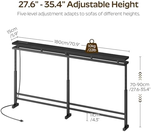 YATINEY 70.9" Behind Couch Table with LED Lights, Narrow Console Table with Adjustable Height (27.6"-35.4"), 5.9" Wide Sofa Tables Narrow Long with USB-C Ports, Sofa Side Table, Black CT26UDBB