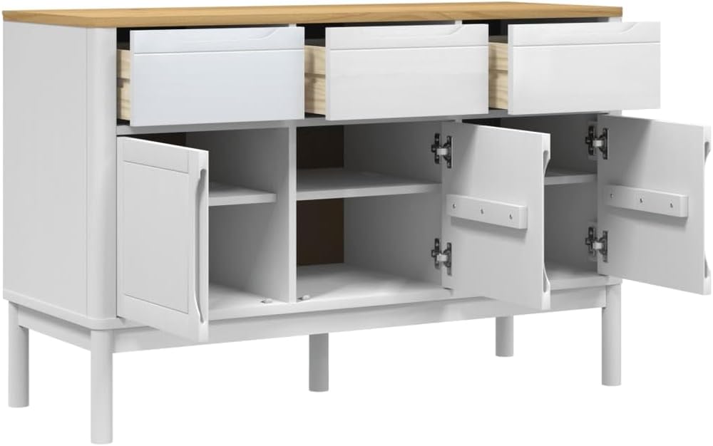 White Sideboard Buffet Cabinet, Solid Pine Wood and Engineered Wood Credenza with 2 Drawers and 3 Doors, Accent Storage Cabinet for Dining Room, Living Room, Hallway, 44.9 Inch