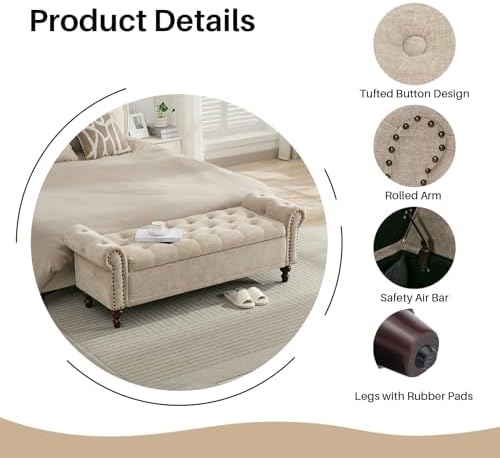 SOFTHION 58.1" Storage Bench for Bedroom, Chenille Cushion, Light Brown | End of Bedroom Bed Bench Ottoman with Tufted Cushioned Rolled Arm Large Storage Space for Reading/Living Room/Entryway