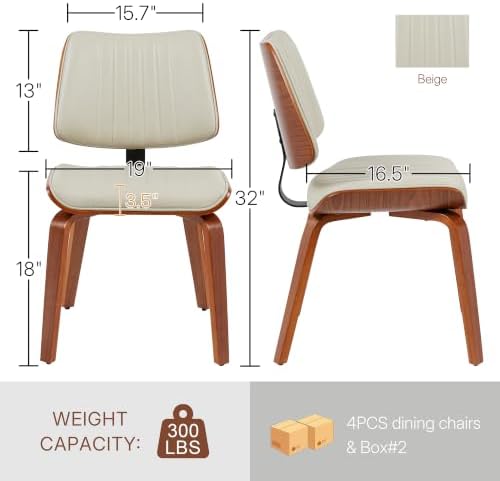 Dining Chairs Set of 4, Mid Century Modern Dining Walnut Chairs,Beige | Faux Leather Dining Chair with Upholstery and Bentwood Open Backrest, Armless Dining Room Sets for Kitchen,Study Room