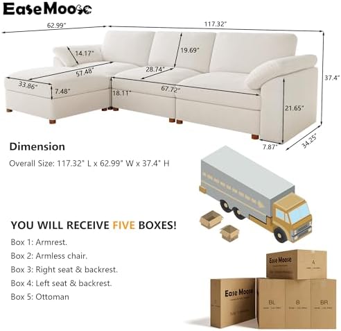 EASE MOOSE Sectional Modular Sofa,Oversized L Shape Sectional Couch Wide Deep seat Sectional Sofa,Comfortable White Modular Sofa