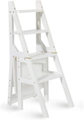 Convertible Ladder Chair, Multifunction Wood Ladder Stool Innovative Step Stool Transforming Folding Fold Up Ladder Kitchen Office Library Steps, White