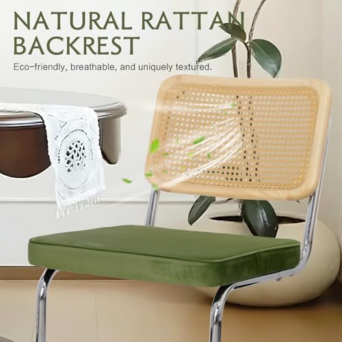 Rattan Dining Chairs Set of 2,Mid Century Modern Cane Back Chairs with Velvet Thickened Cushion, Solid Wood Back and Metal Legs for Dining Room/Kitchen/Living Room,Green