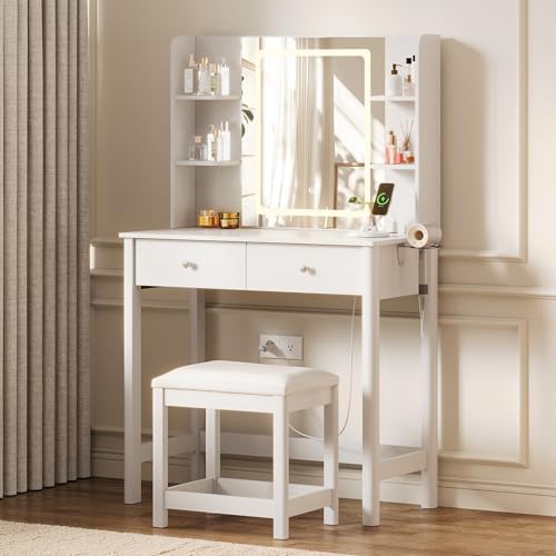 Vanity Desk with LED Mirror, 3 Lighting Modes and Chair | Small Makeup Vanity Table Set with Drawers, Dressing Table with Power Outlet for Girls Bedroom, White
