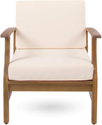 Weatherproof Acacia Wood Outdoor Arm Chair with Beige Cushions, Indoor & Patio Single Comfort Lounge Chair for Porch Garden Backyard (Cream + Acacia Wood)