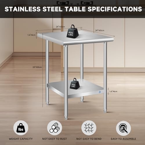 Stainless Steel Table for Prep & Work, 24 x 24 x 33 Inch | For Restaurant Kitchen Hotel Garage Space Expansion, Commercial Metal Table