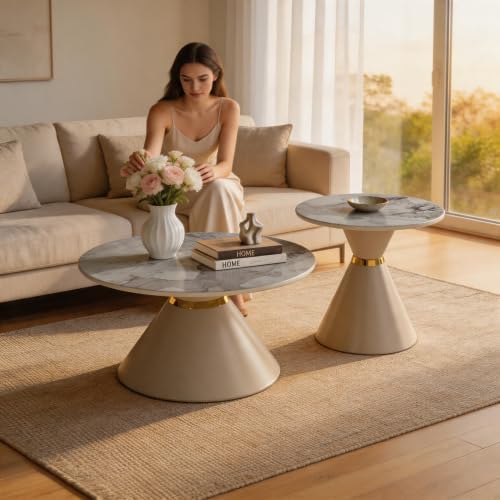 Modern Round Nesting Coffee Tables Set of 2, Marble‑Look Tabletop with Base | Stackable Nesting Coffee Tables, Round Faux Marble Top with Tapered Metal Base Gold Detail for Home Living Room