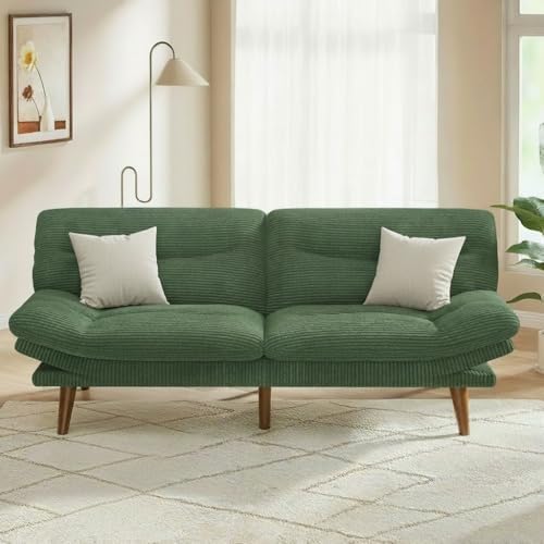PERLECARE Convertible Futon Sofa Bed, 73" Corduroy Futon Couch with Adjustable Backrest and Armrests, 3-in-1Recliner Sleeper Sofa for Small Spaces, Play Room,Living Room or Office（73in,Green）