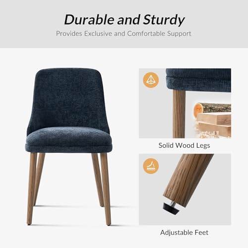 HULALA HOME Dining Chairs Set of 2, Navy Fabric Upholstered Dining Room Chairs Set with Solid Wood Legs, Paded Back, Modern Kitchen Accent Chairs for Living Room Bedroom Reception