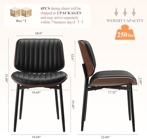 MALOL Leather Dining Chairs Set of 4, Modern Upholstered Dining Room Kitchen Chairs with Metal Legs and Wooden Back Support for Home Dining Room/Restaurant, Black
