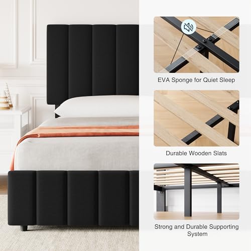 Garvee Full Size Bed Frame, Linen Bed Frame with 4 Storage Drawers, Black