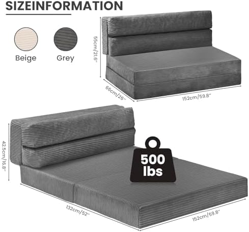 JUIKURY Folding Sofa Bed, Convertible Sleeper Chair with Pilow Foldable Matress, 2 in 1 Pull Out Loveseat Sofa Portable Fold Out Chair Bed Floor Couch Lounge for Living Room Bedroom (Grey, Queen)