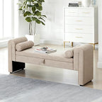 Linen Fabric Bench for Bedroom End of Bed, 60.5 inch Upholstered Linen Fabric Storage Bench Ottoman Bench with Rolled Arms, Button-Tufted Ottoman for Living Room, Entryway (Oatmeal)
