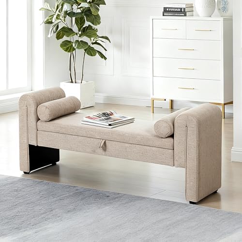 Linen Fabric Bench for Bedroom End of Bed, 60.5 inch Upholstered Linen Fabric Storage Bench Ottoman Bench with Rolled Arms, Button-Tufted Ottoman for Living Room, Entryway (Oatmeal)