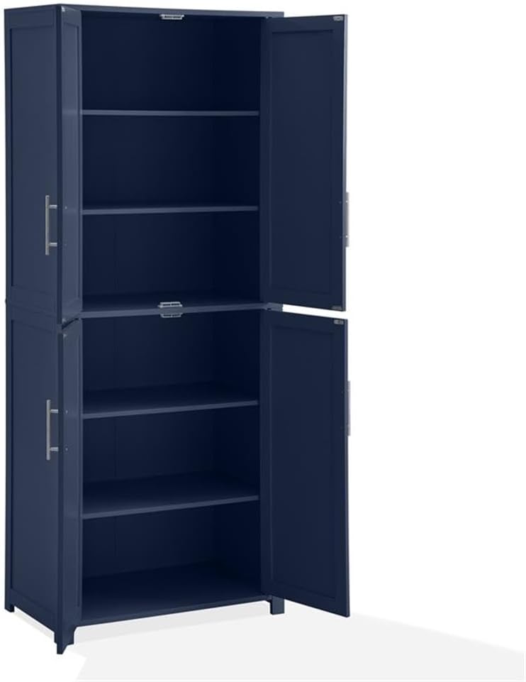 Pemberly Row Traditional Wood Kitchen Storage Pantry, Navy Finish, MDF and Birch Veneer, 67" H x 28" W x 15" D, Adjustable Shelves, Shaker-Style Doors, Brushed Nickel Hardware, Home and Kitchen