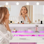 FINOESO Large Vanity Desk with Mirror and Lights, 3-Color LED, Makeup Vanity with Clear Glass Top & RGB Light, Vanity Table with 9 Drawers, Open Shelf, Power Outlet, Vanity for Women Bedroom, White