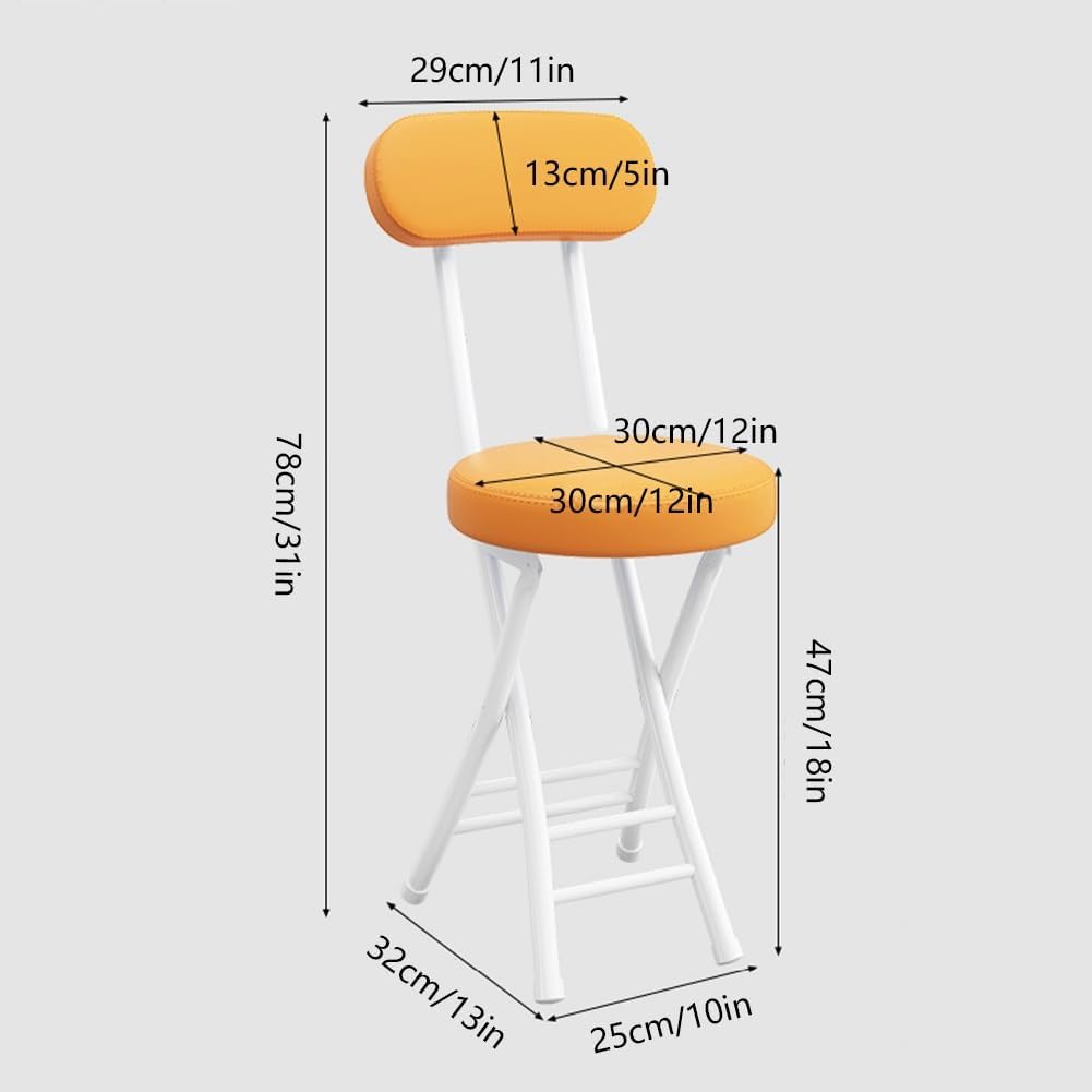 Folding Stool with Backrest, Cushioned Padded Leather Round Portable Foldable Bar Stool Chair for Kitchen(Orange)