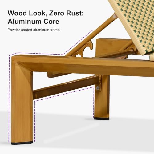 PURPLE LEAF Extra Wide Patio Lounge Chair Resort Wicker Set of 2, Green | Durable Handwoven Wicker, Matte Teak Wood-Grain Aluminum Frame, 5 Adjustable Positions, Non-Slip Pads, 440 lbs Capacity